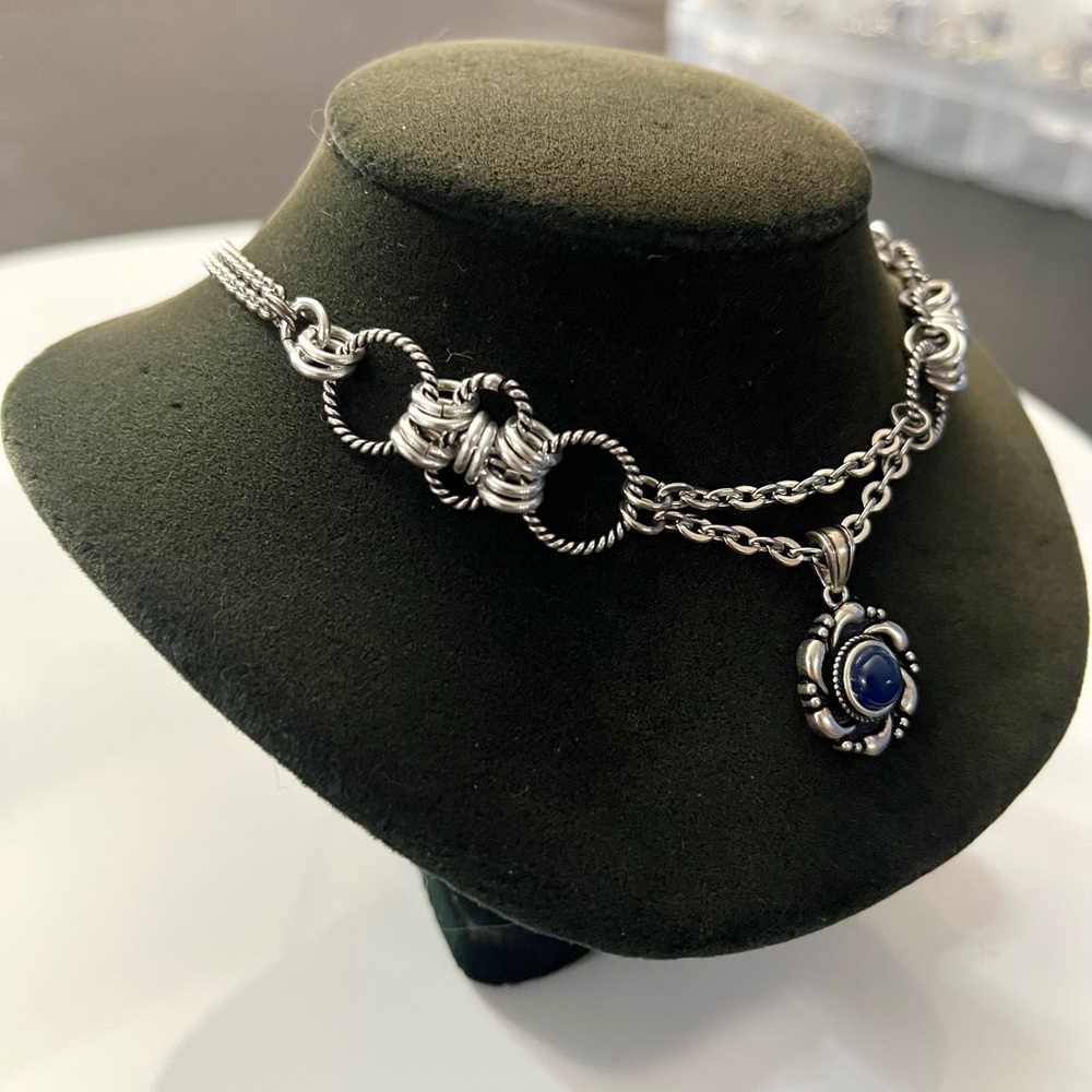 925 sterling silver blue kyanite stone charm on stainless steel maille choker - Picture 2 of 16